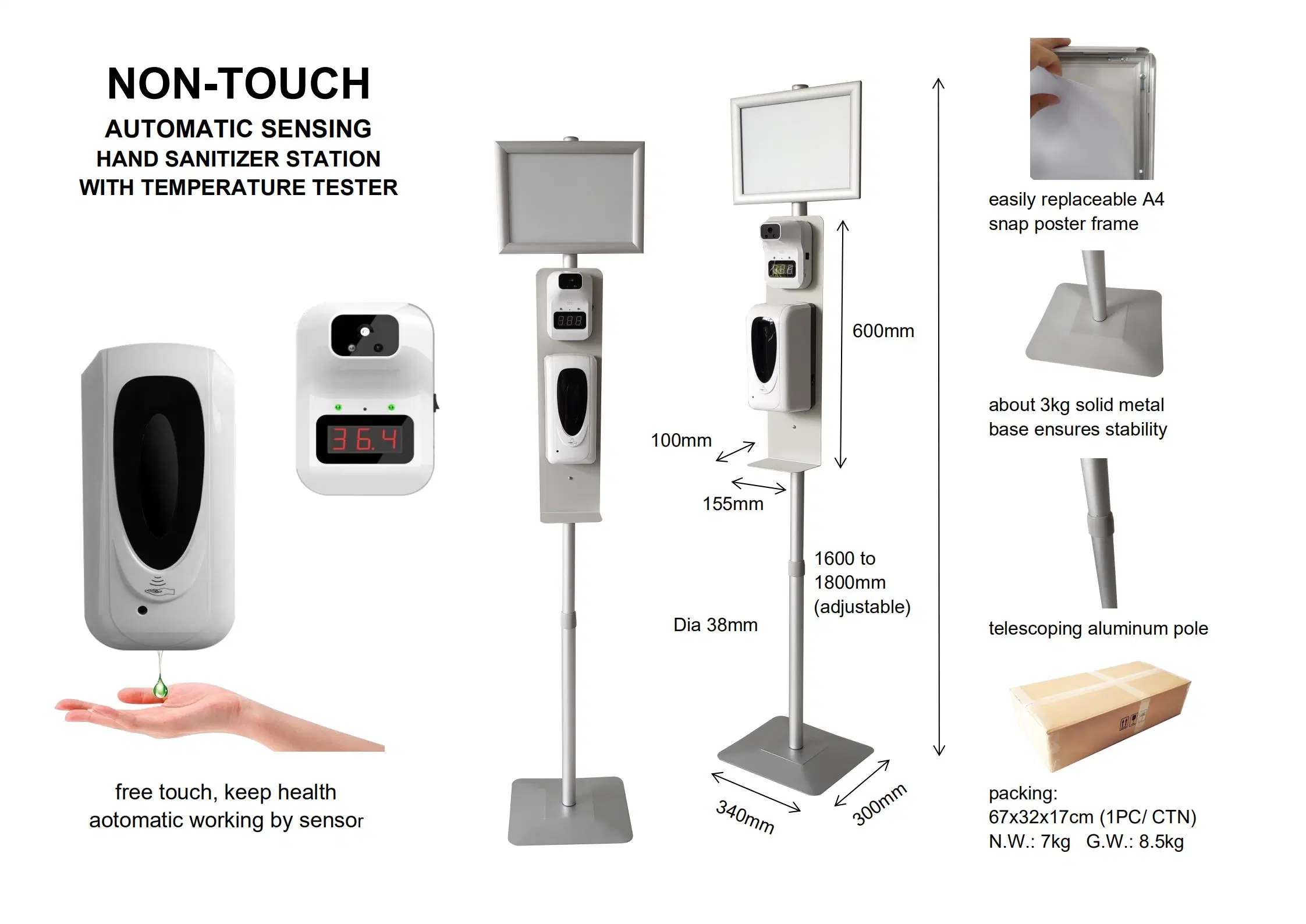 Hand Sanitizer Dispenser Stand with Temperature Tester