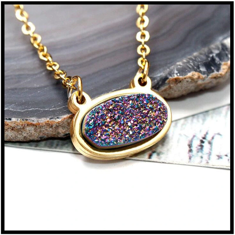 Crystal Inlaid Titanium Steel Gold-Plated Necklace Oval Colorful Double Hook Natural Crystal Necklace