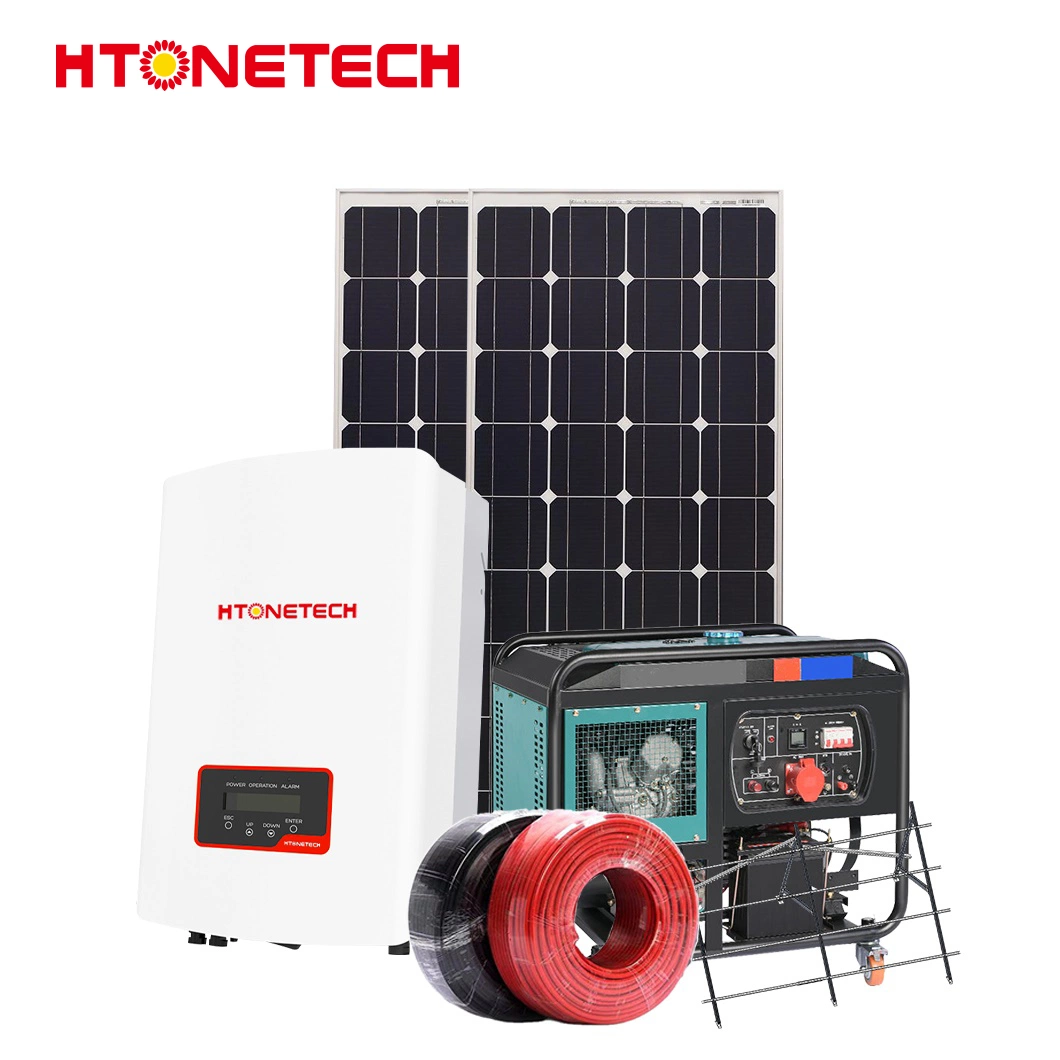 Htonetech Solar Panels 100 Watt Monocrystalline Wholesale/Supplierrs 10kw 3 Phase Hybrid Inverter China Whole House Solar Power System with Fuel Filter Diesel Generator