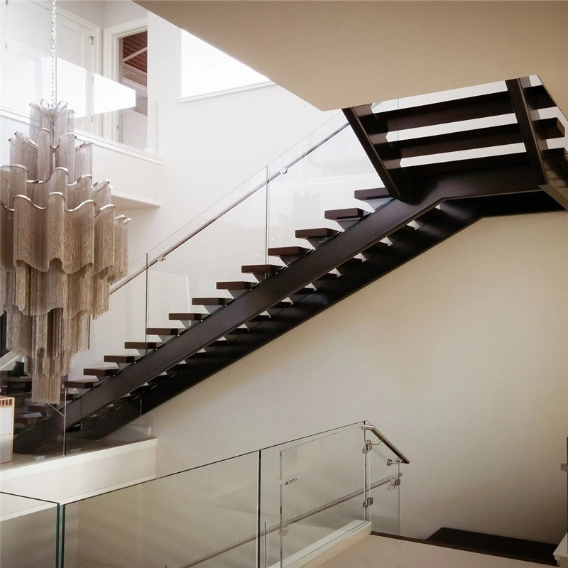 Straight Mild Steel Glass Modern Floating Staircase / Prefab Steel Glass Stair Indoor