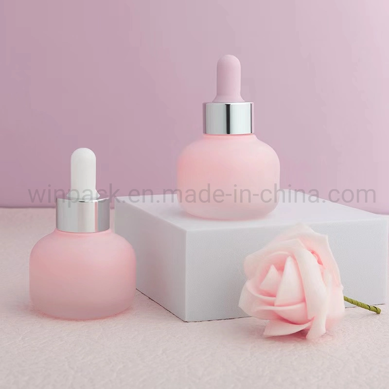 15ml 30ml 50ml Round Shape Custom Pink Color Glass Dropper Container with Gold Dropper for Cosmetic Packaging