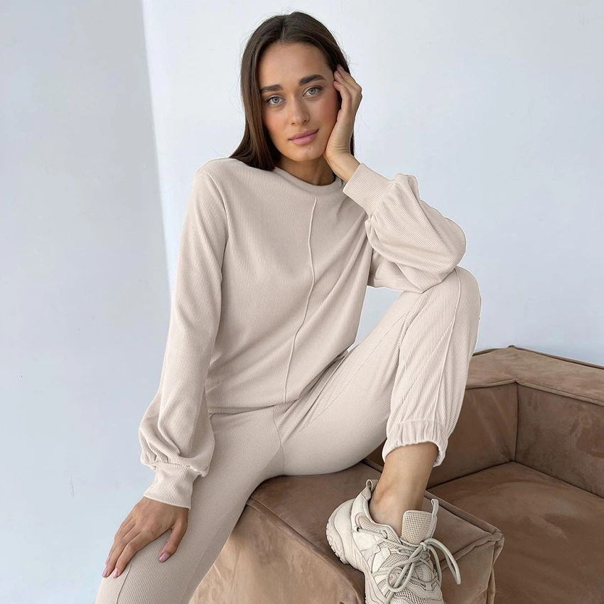 Spring Autumn Ribbed Long Sleeve Women Skims Loungewear Set Pajamas Women's Trouser Suits Lounge Wear