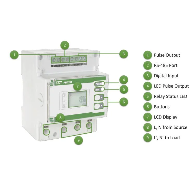 Medidor multifunções monofásico de calha DIN de 35 mm PMC-230 para alimentação de tensão Medição kWh com Energy Log (Registo de energia)