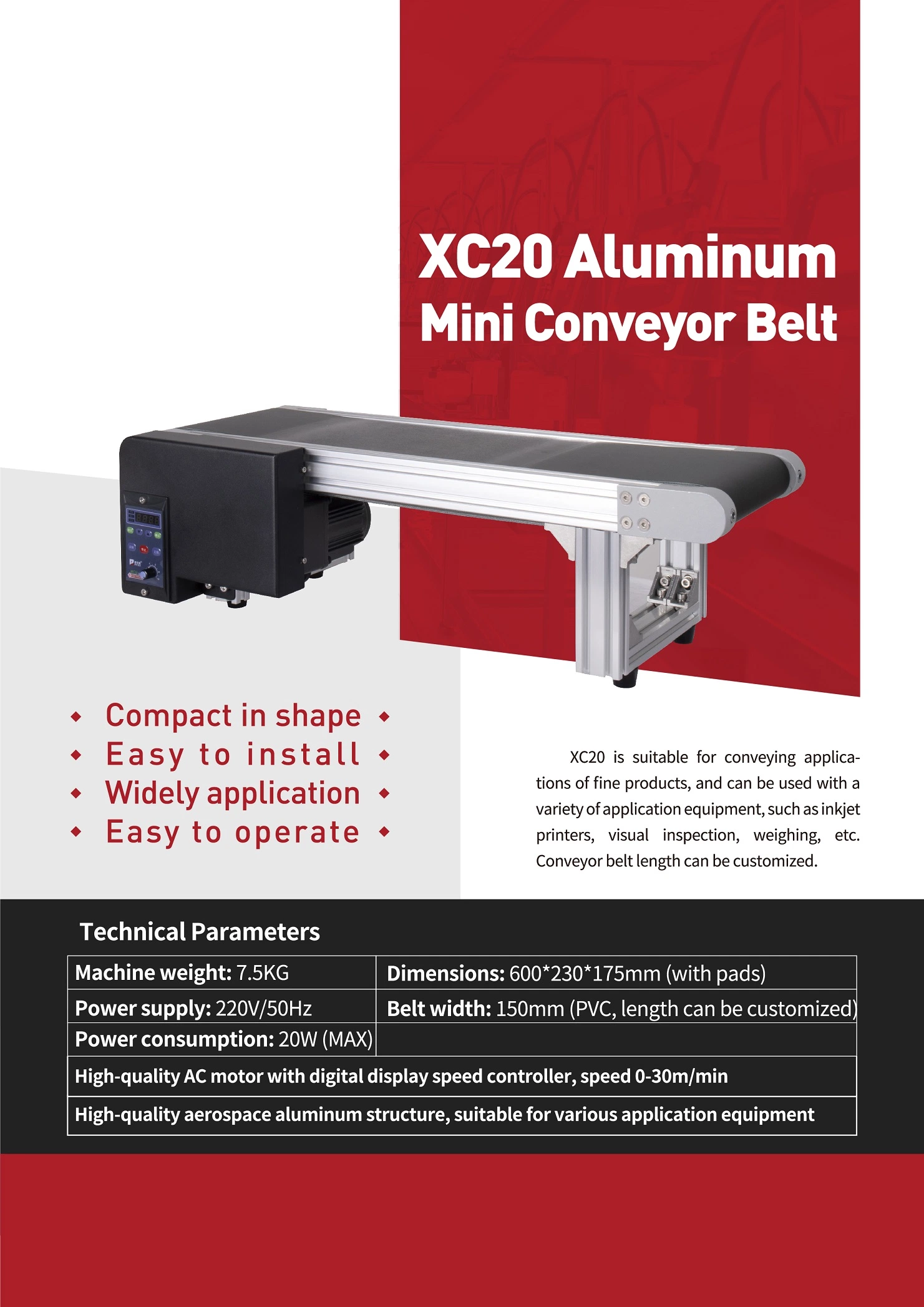 Docod OEM/ODM Xc20 Desk Aluminum Mini Conveyor Belt for Food Packaging Coding Production