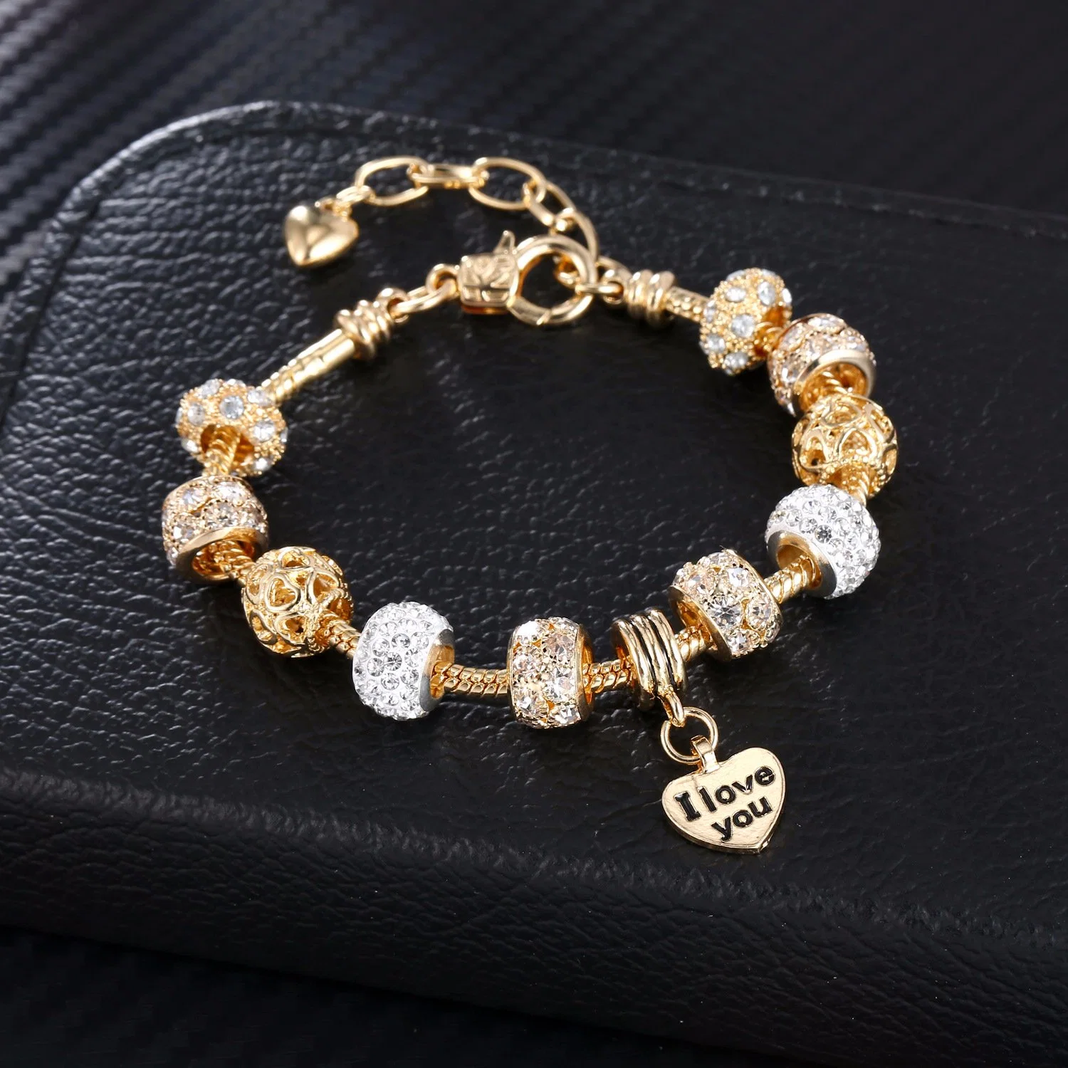 Bracelets Gold Plated Snake Chain Bracelets CZ Crystal Beads Charms Bracelets Heart Charm Bracelet with Extender Esg13591