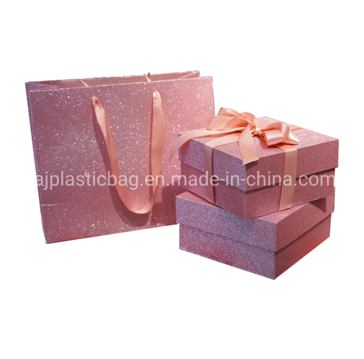 Shiny Glitter Pink Square Birthday Wedding Bridesmaid Gift Paper Box with Tote Bag