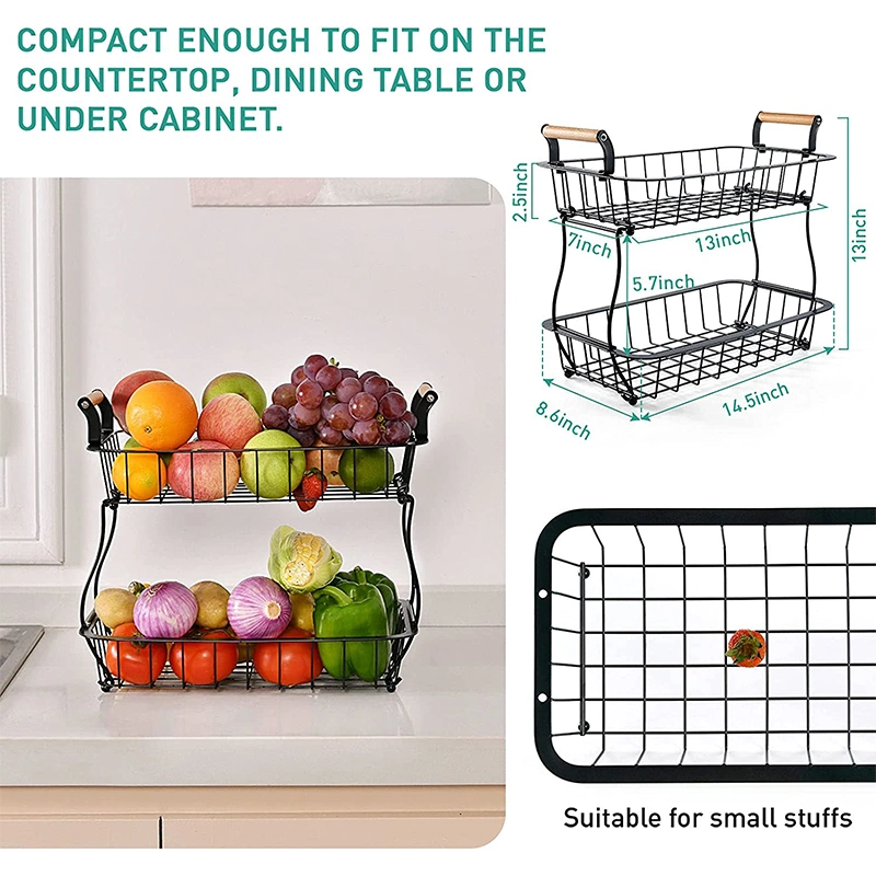 New Original 2 Tier Metal Wire Iron Rectangular Fruit Basket Storage Stand Detachable