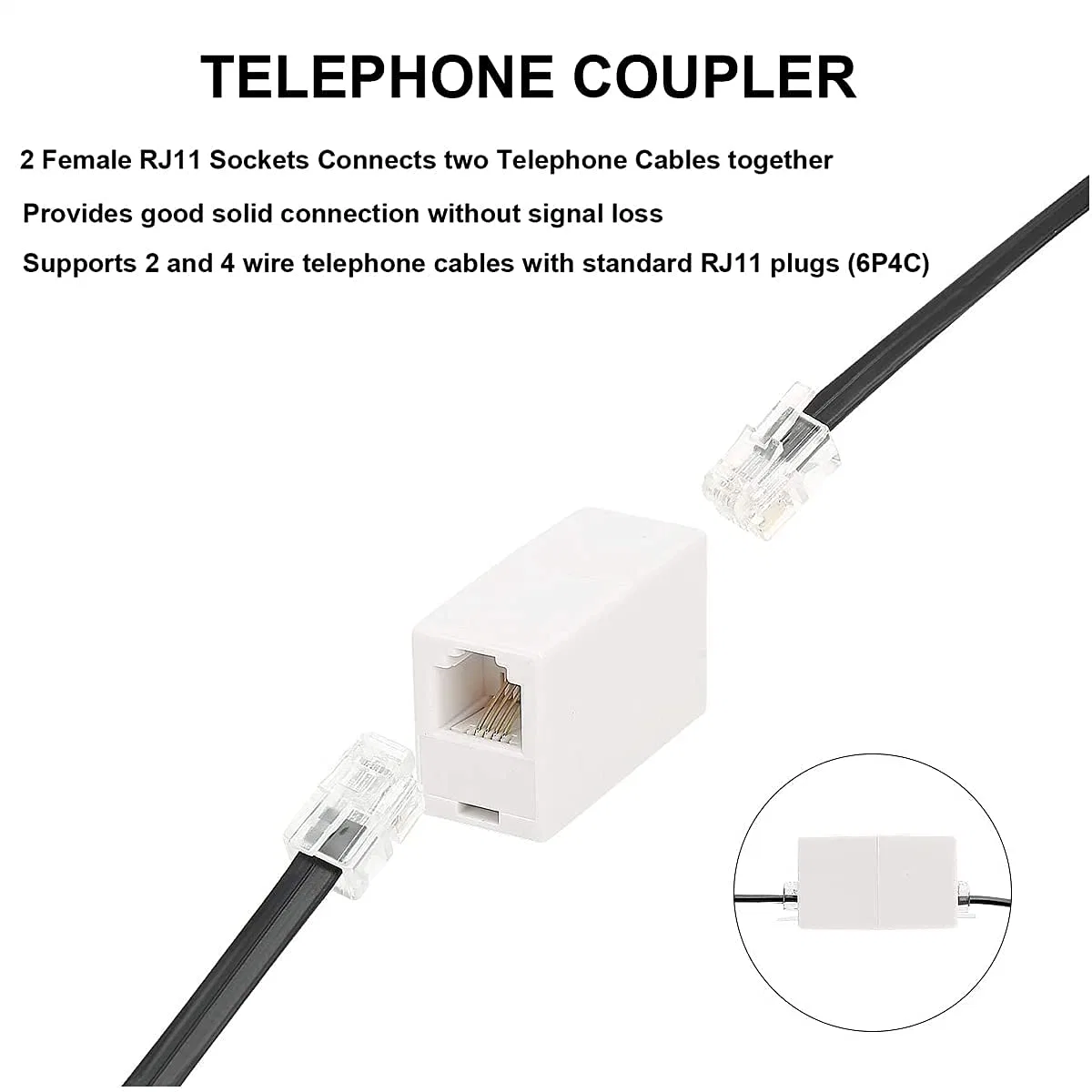 Phone Cord 6 FT, Landline Telephone Cable with Rj11 Plug, Includes Telephone Inline Coupler Rj11 Splitter and 10PCS Cable Clips