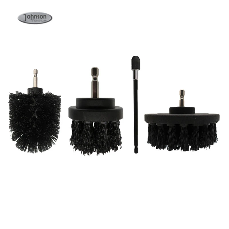 4 Pieces Black Color Nylon Drill Brush Attachment Set for Car Carpet Bathroom Cleaning