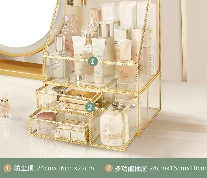 Makeup Organizer Luxury Gold Metal Glass Brush Acrylic Desk Perfume Vanity Holder Make up Cosmetic Storage Box