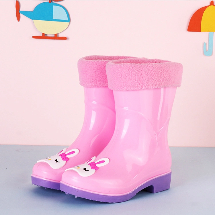 Fashion Custom Kids PVC Shoes Gumboots Toddler Wellies Waterproof Winter Rain Boots Children with Movable Fur Socks