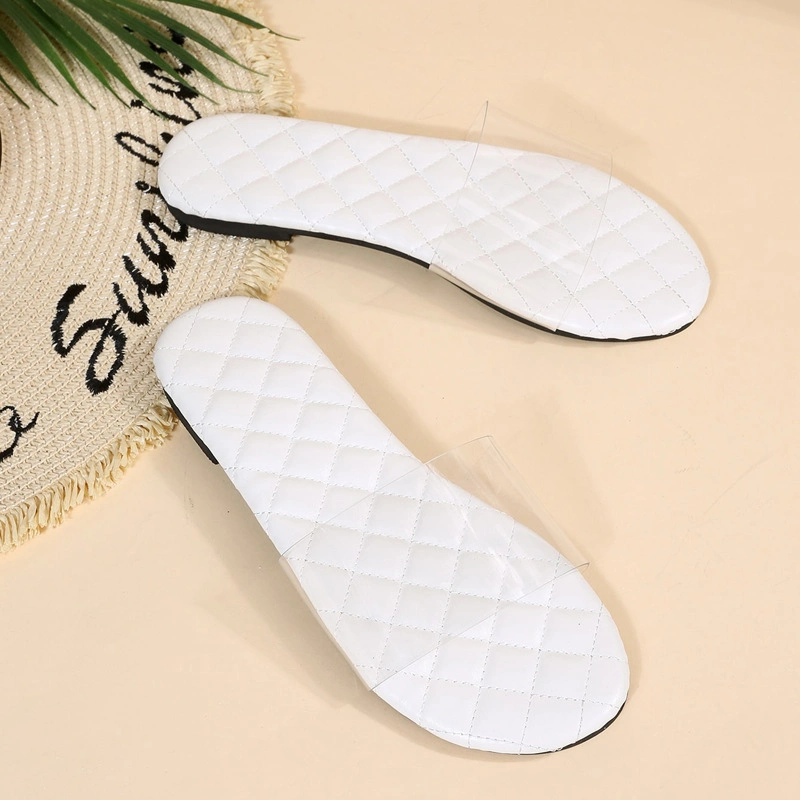 Women Slippers Flat Heel Transparent Upper PU Solid Insole Sewing Fashion Casual Slides Outdoor Ladies Shoes