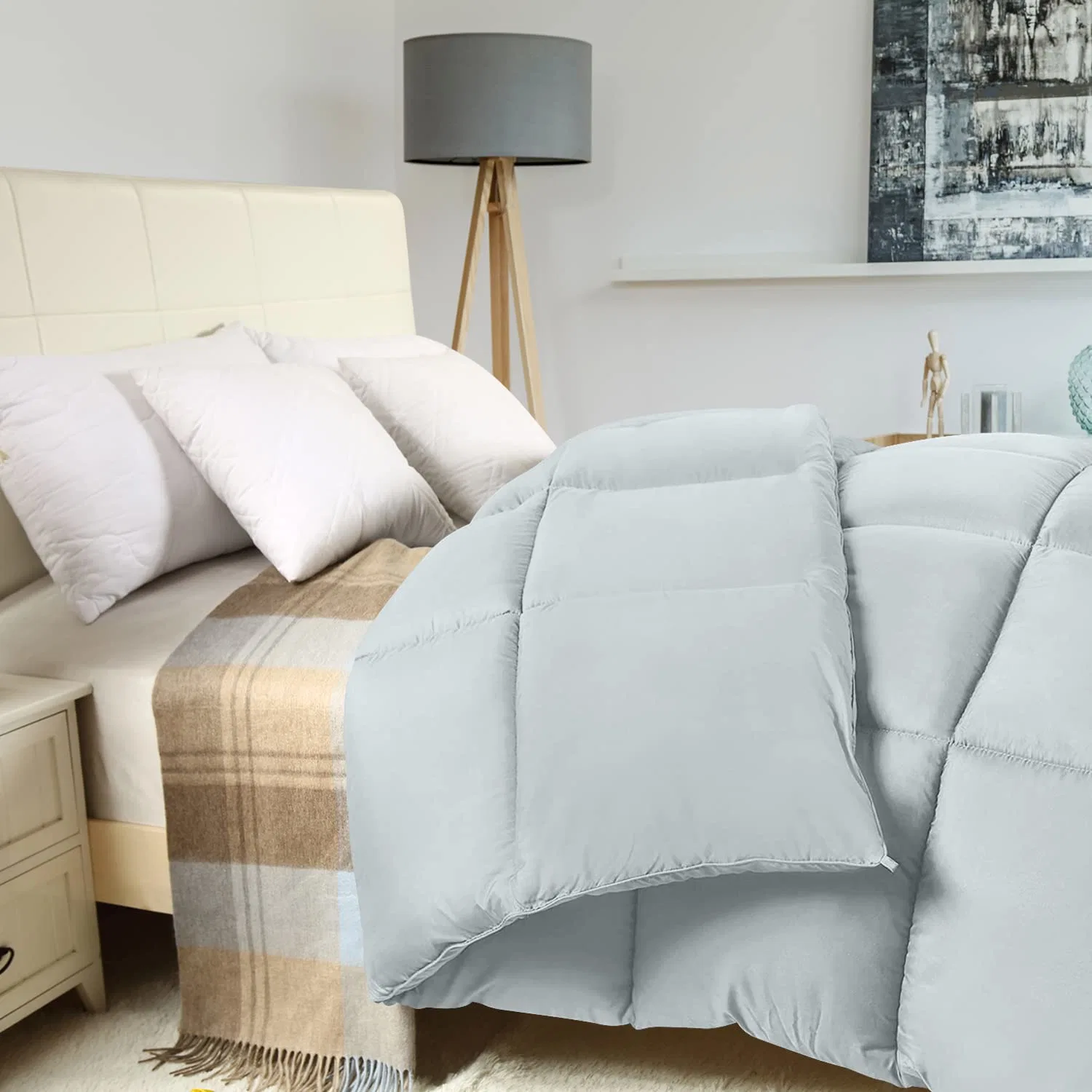 Chambre en microfibre gris clair personnalisée avec lit d'hiver en coton Ensembles d'édredons