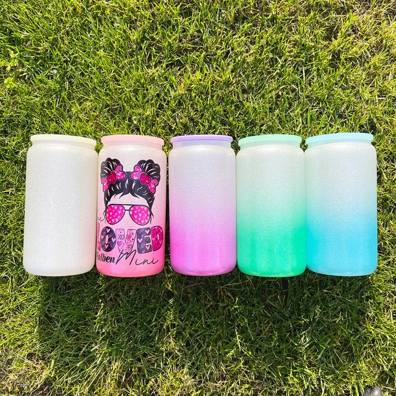 16oz USA Warehouse Blank Sublimation Rough Glitter Powder Coated Glass Can with Plastic Lid and Straw