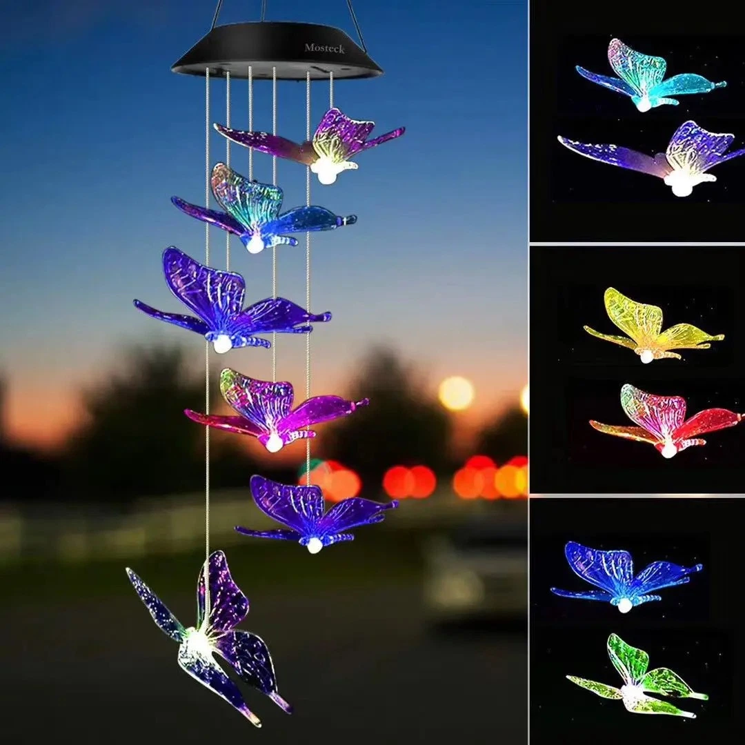 Decoração exterior LED Solar Light vento Bell Solar Powered Butterfly Luzes dos sinais sonoros de vento