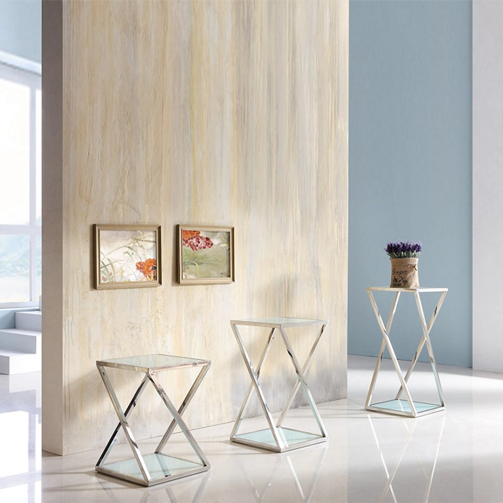 Hogar moderno mobiliario de jardín 3 piezas de acero inoxidable mesa de cristal Sala de estar de pie de la flor