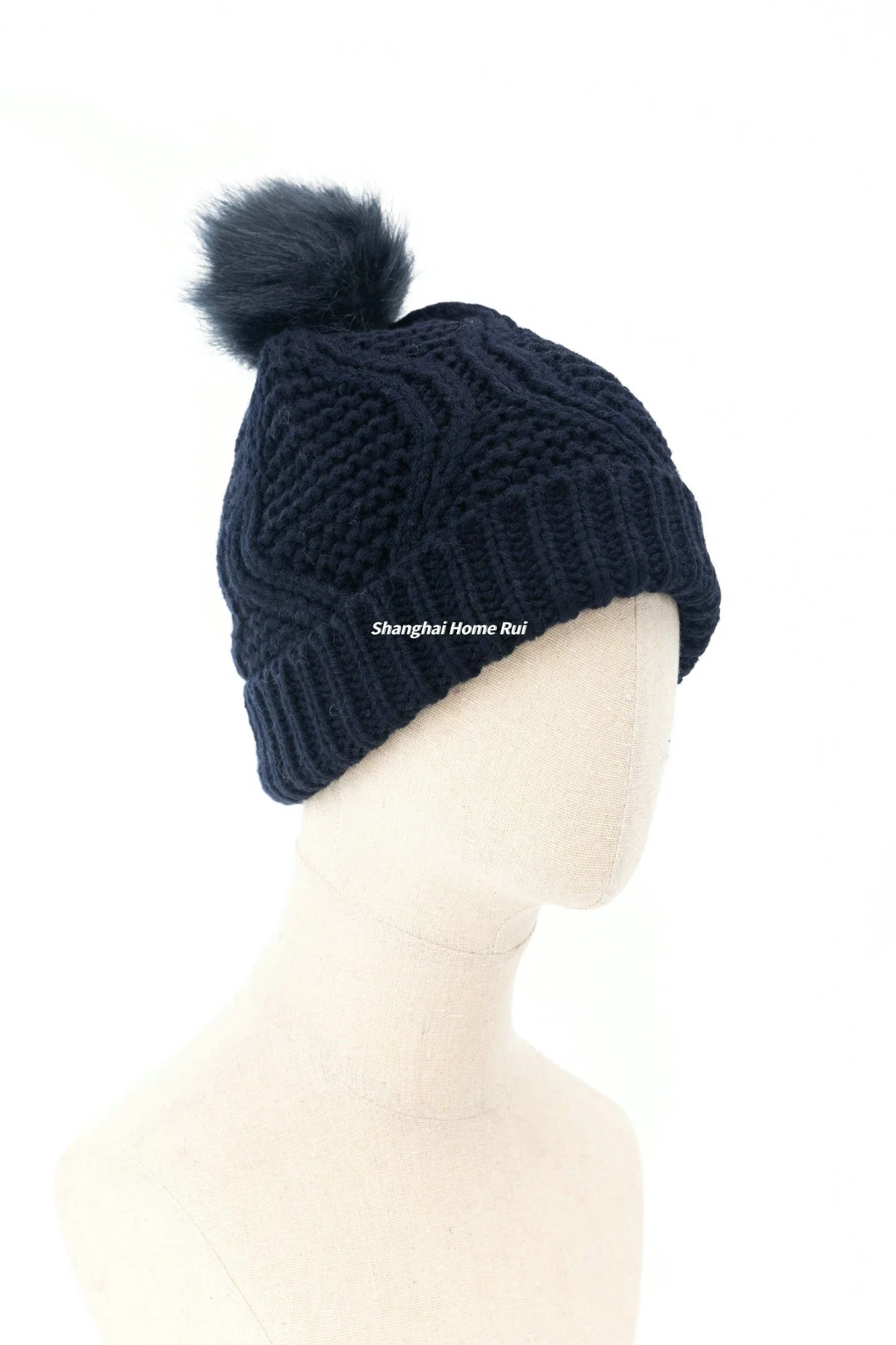 Women Warm Soft Thick Slouchy Chunky Acrylic Fold Edge Black Navy Fur Pompom Knitted Cable Bonnet Casual Beanie Hat