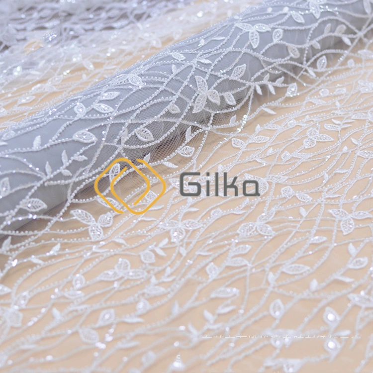 Leaf Designed Beads Embroidery Lace Applique Fabrics Mesh Tulle Cloth for Wedding Dresses