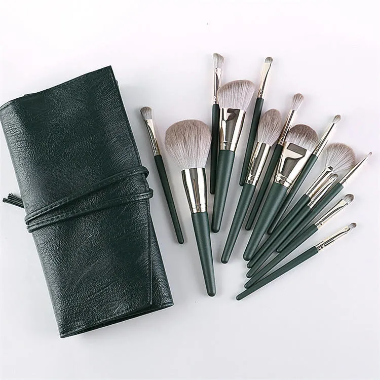 Ensemble de pinceaux de maquillage verts de haute qualité avec étui ceinture, 14 PCS, étiquette privée professionnelle, logo personnalisé, en poils synthétiques