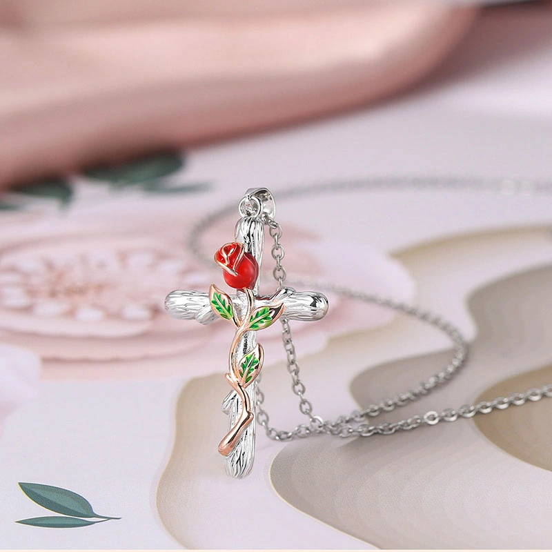 New Arrival Rose Wrapped Cross Pendant Necklace Creative Stainless Steel Drip Oil Clavicle Chain Women&prime; S Accessories