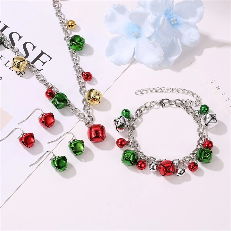 Candy Color Christmas Jingle Bell Cute Ornament Chain Dangle Drop Earrings Dainty Bracelets Necklaces Party Gifts for Daughter Jewelry Set