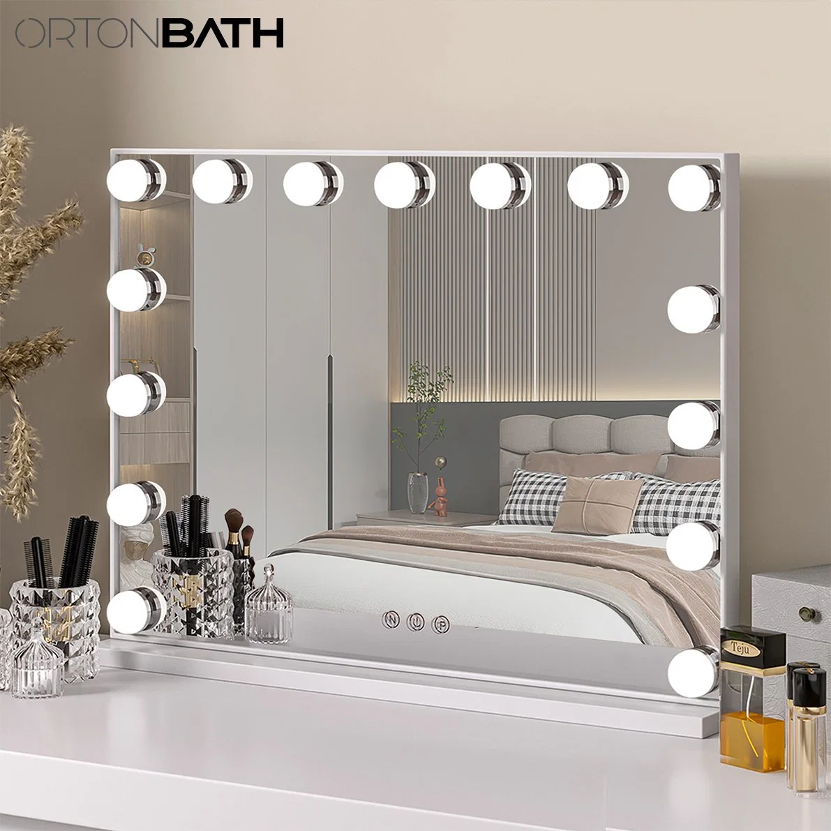 Ortonbath Hollywood Kosmetikspiegel mit dimmbaren LED-Leuchten 3 Beleuchtung Modi 2in1 großer beleuchteter Make-up Spiegel für Schreibtisch und Wand