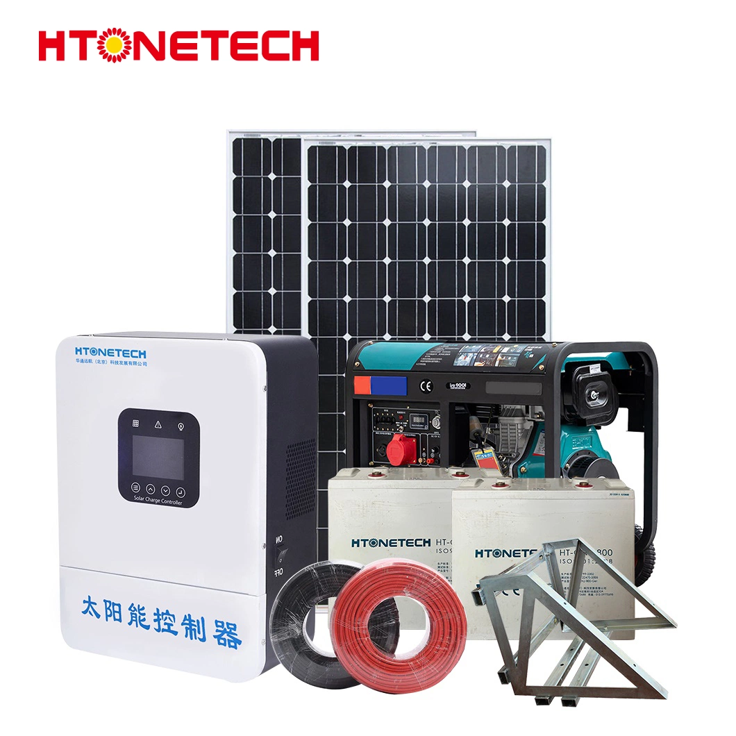نظام الطاقة الشمسية Htonetech 10kw خارج الشبكة الصين 30kw 40kw مولد الديزل ذو الأطوار 3 بقدرة 185واط من السيليكون ذو اللوحة الشمسية بقدرة 750 كيلوفولت أمبير البطارية الشمسية الهجينة