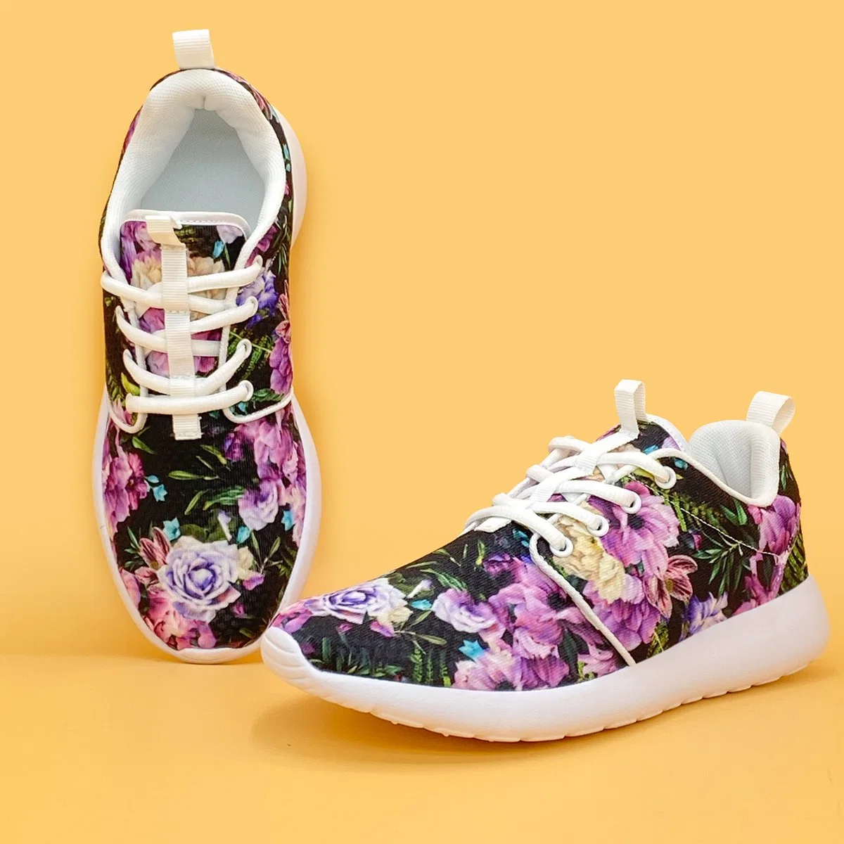 Flower Pattern Ladies Fabric Custom Shoes Low Top Sneakers Outdoor Walking Shoes