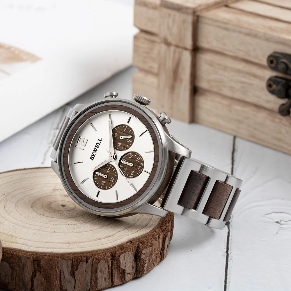 Bewell Mode Acier Inoxydable avec Bracelet en Bois Véritable 3 Couleurs Montre-Bracelet pour Hommes à Quartz