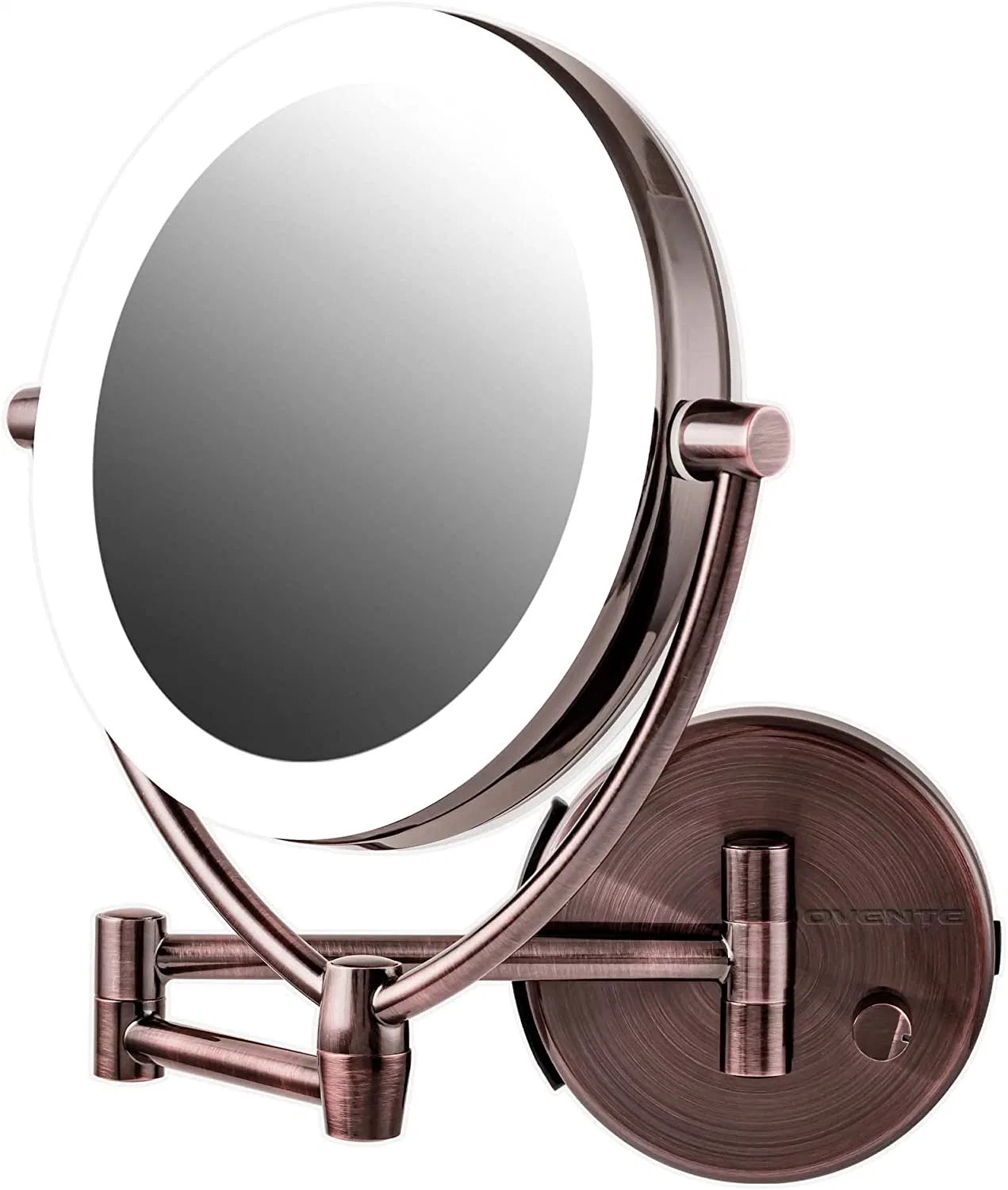 7.5" Lighted Wall Mount Makeup Mirror, 1X & 10X Magnifier, Spinning Double Sided Round LED Dimmer Switch, Extend, Retractable & Folding Arm, Battery USB Powered