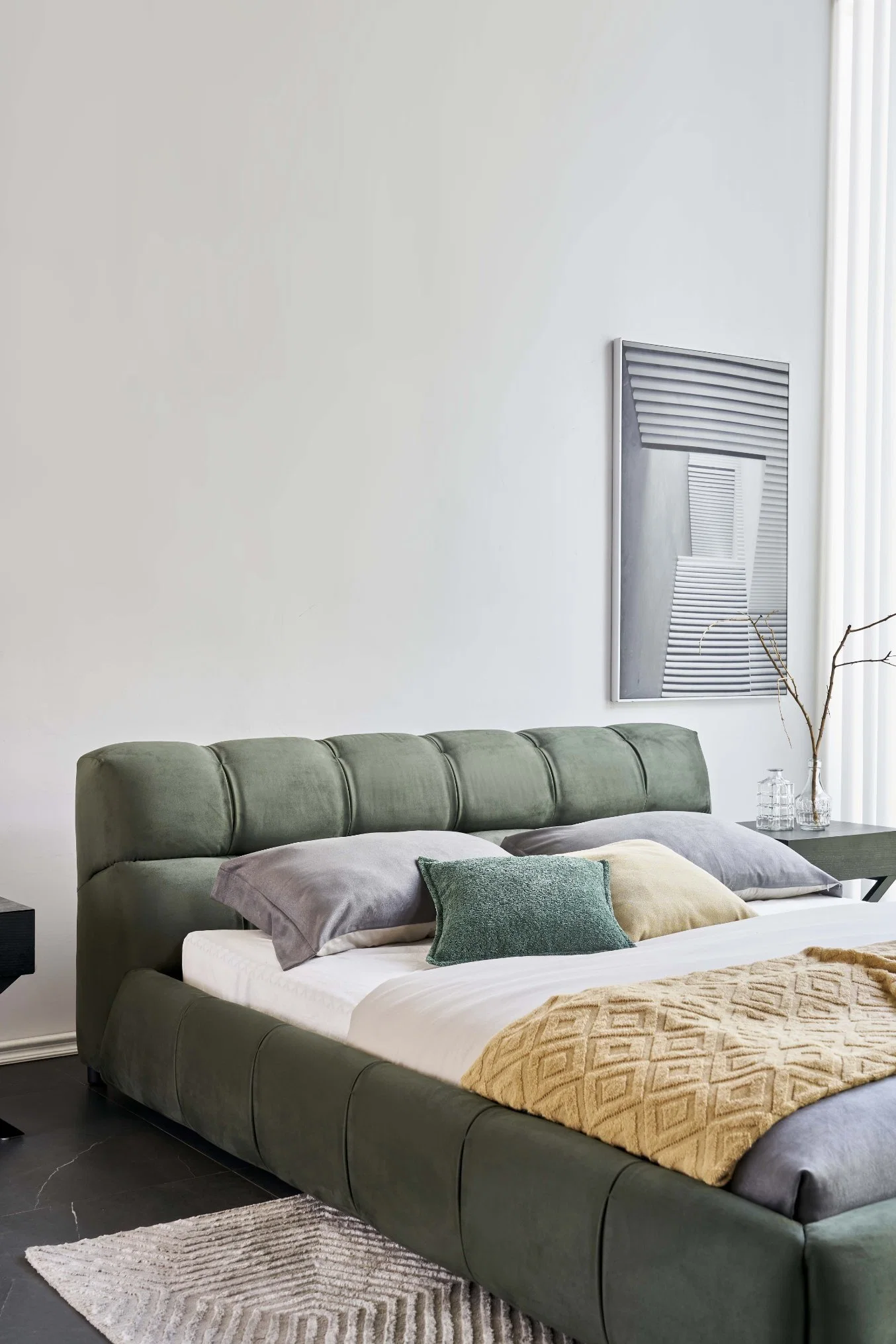 Möbel Khaki Moderne Schlafzimmer Bett-Sets Falte Falten King Size Italienische Designs Queen-Stoff Bett Rahmen