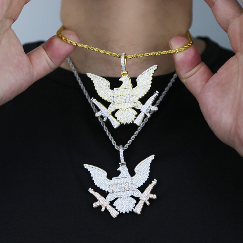 New Design Iced out Micro Paved Bling CZ Letters King Eagle Pendant Gold Plated Necklace Hiphop Men Jewelry