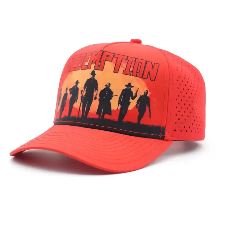 Boné de basebol personalizado com 5 painéis à prova de água perfurado, vermelho, poliéster, parte frontal Sublimação impressão Design Gorras Laser Cut Hole Sports Fishing Golf Chapéu