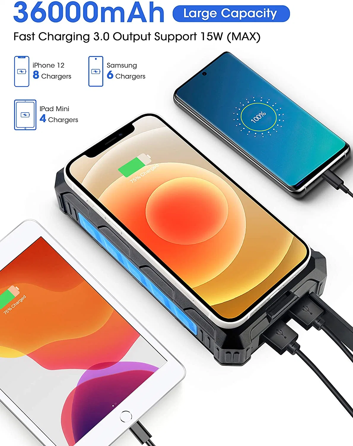 Rendimiento de alta calidad/alto costo 2023 fábrica de venta directa Luz LED de carga inalámbrica Solar Power Bank 36000mAh Cargador de teléfono celular solar