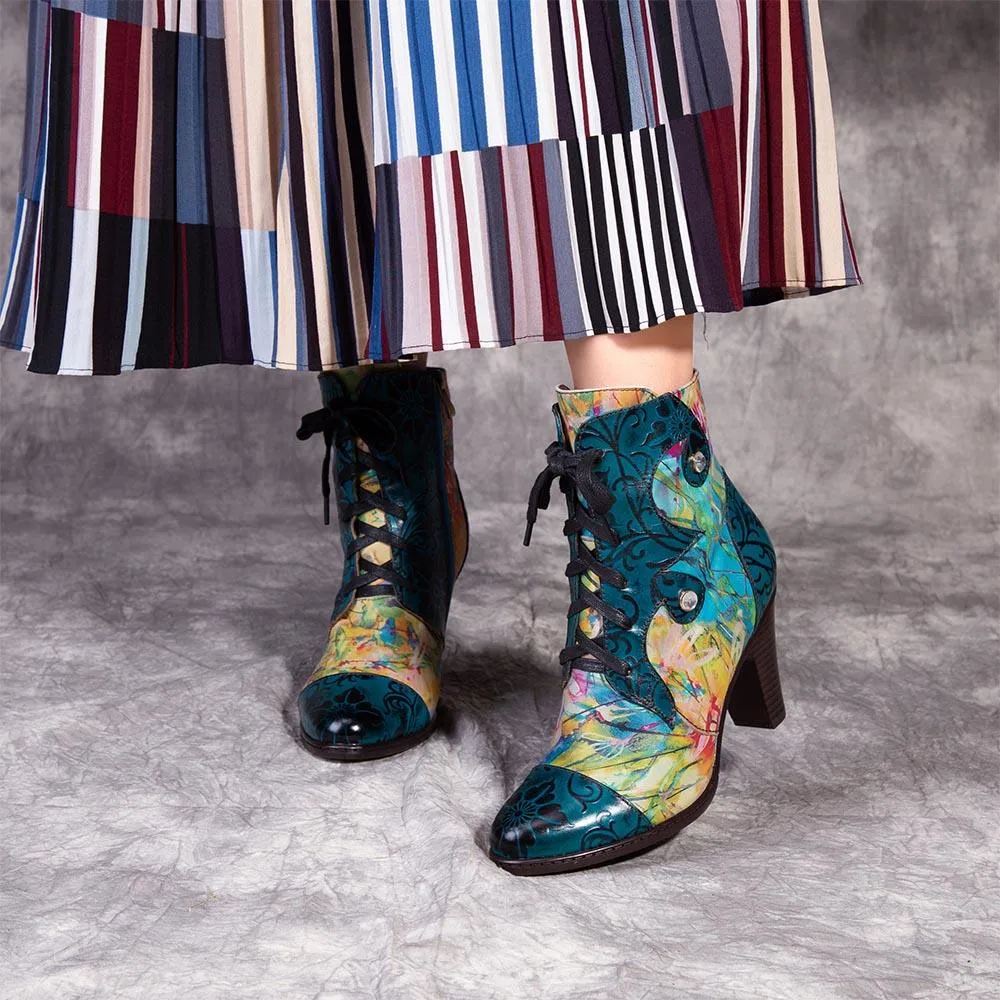 Bohemian handgefertigten Stiefel Bunte Muster geprägtes Leder Schnürung hoch Ferse Fashion Lady′ S Schuhe
