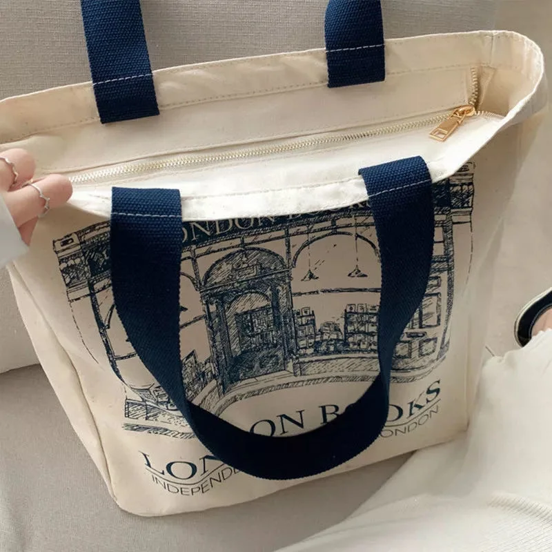 Tote Bag Women Canvas Shoulder Bag London Books Print Ladies Casual Handbag Tote Bag Reusable Large Capacity Cotton Shopping Beach Tote Bag