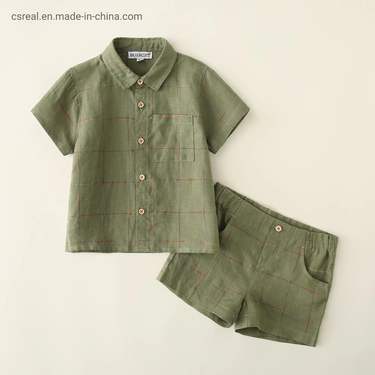 Infant Children Clothing Boy Kids Woven Green Plaid Shirt and Short Wear