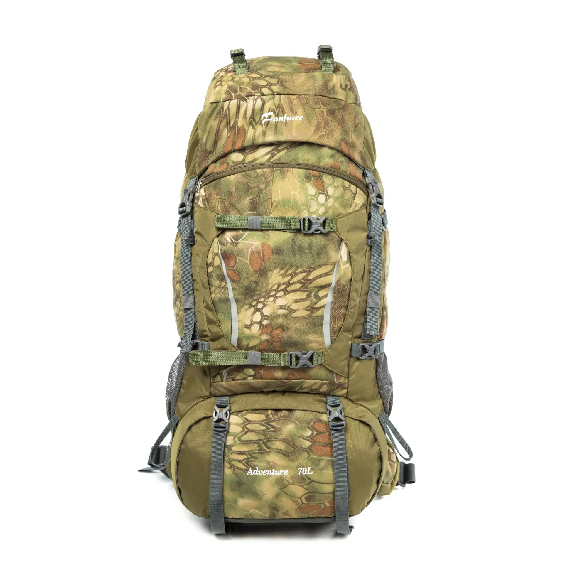 Sac à dos de randonnée en plein air en matériau en nylon camouflage imperméable de 70L.