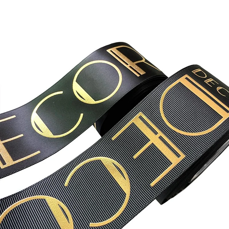 Hot Sale Luxury Custom Logo 2 Inch 3 D Embossed Grosgrain Ribbon Tape Raised Gold Foil Printed Polyester Satin Ribbon