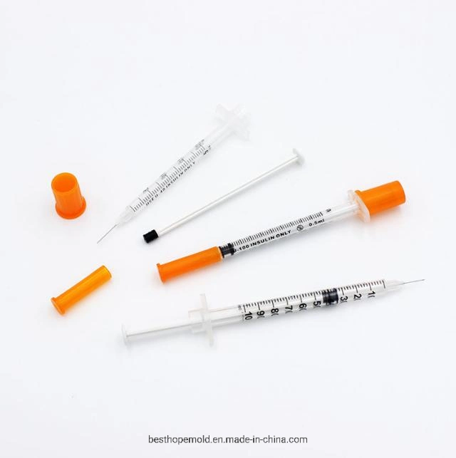 High quality/High cost performance  Class II Medical Grade PP Disposable Orange Cap Insulin Syringe with Needle Mold