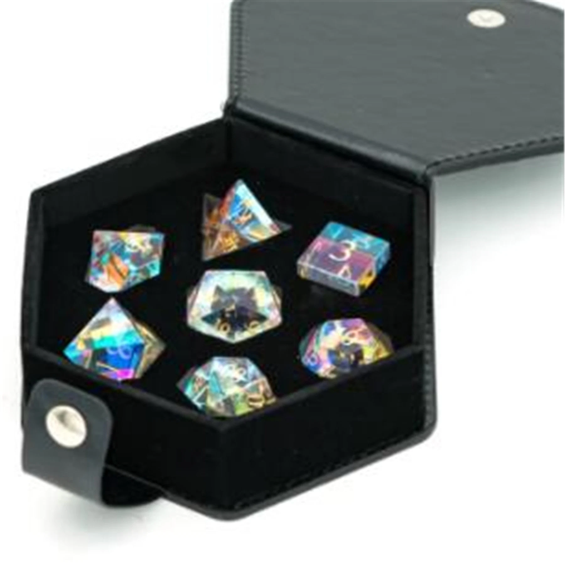 Rainbow Crystal Semi-Precious Dnd Gemstone Dice Set with Black PU Leather Box