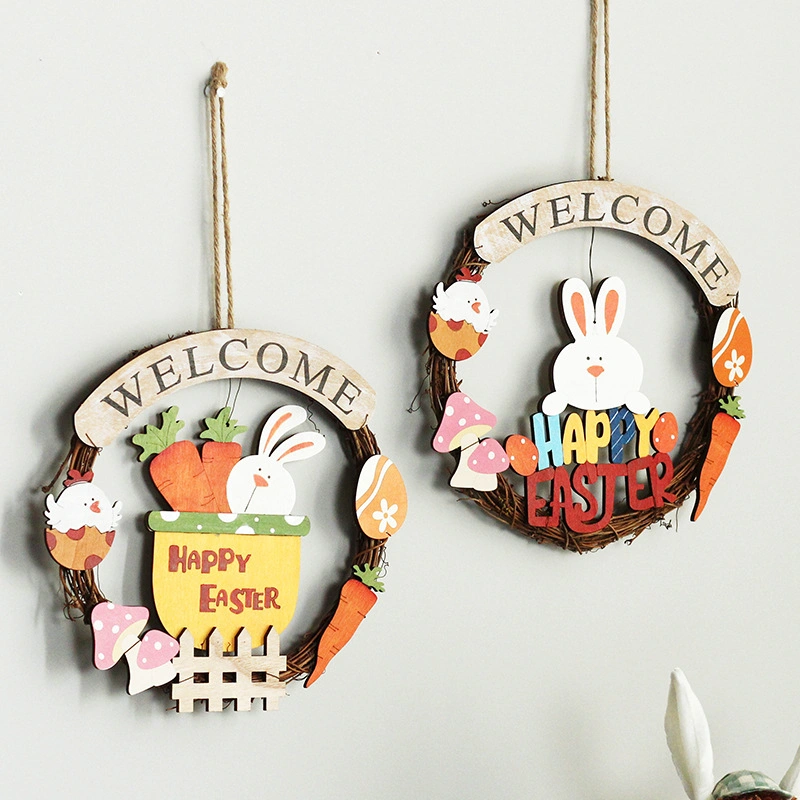 Wooden Happy Easter Door Sign Wreath Decoration with Bunny Carrot