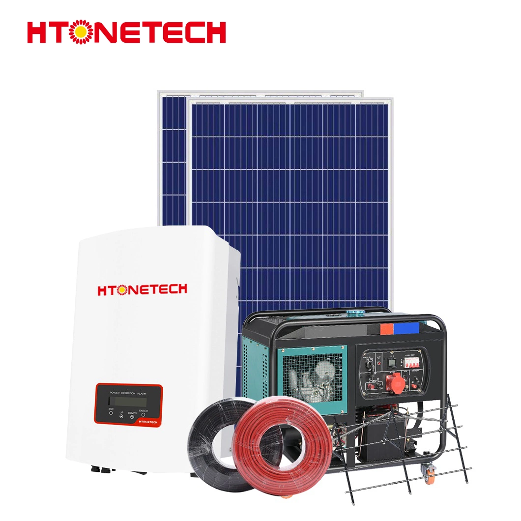 Htonetech Mono Round Solar Panel Factory 30kW Inversor Solar Híbrido China 30kW en sistema de energía solar de la red con 1300kw diesel Generador