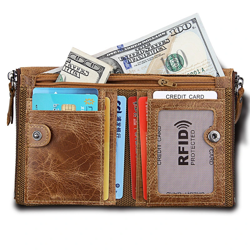 Fashion Cow Leather Wallet for Men RFID Anti-Theft Leather Short Men's Ticket Wallet Double Zipper Coin Purse