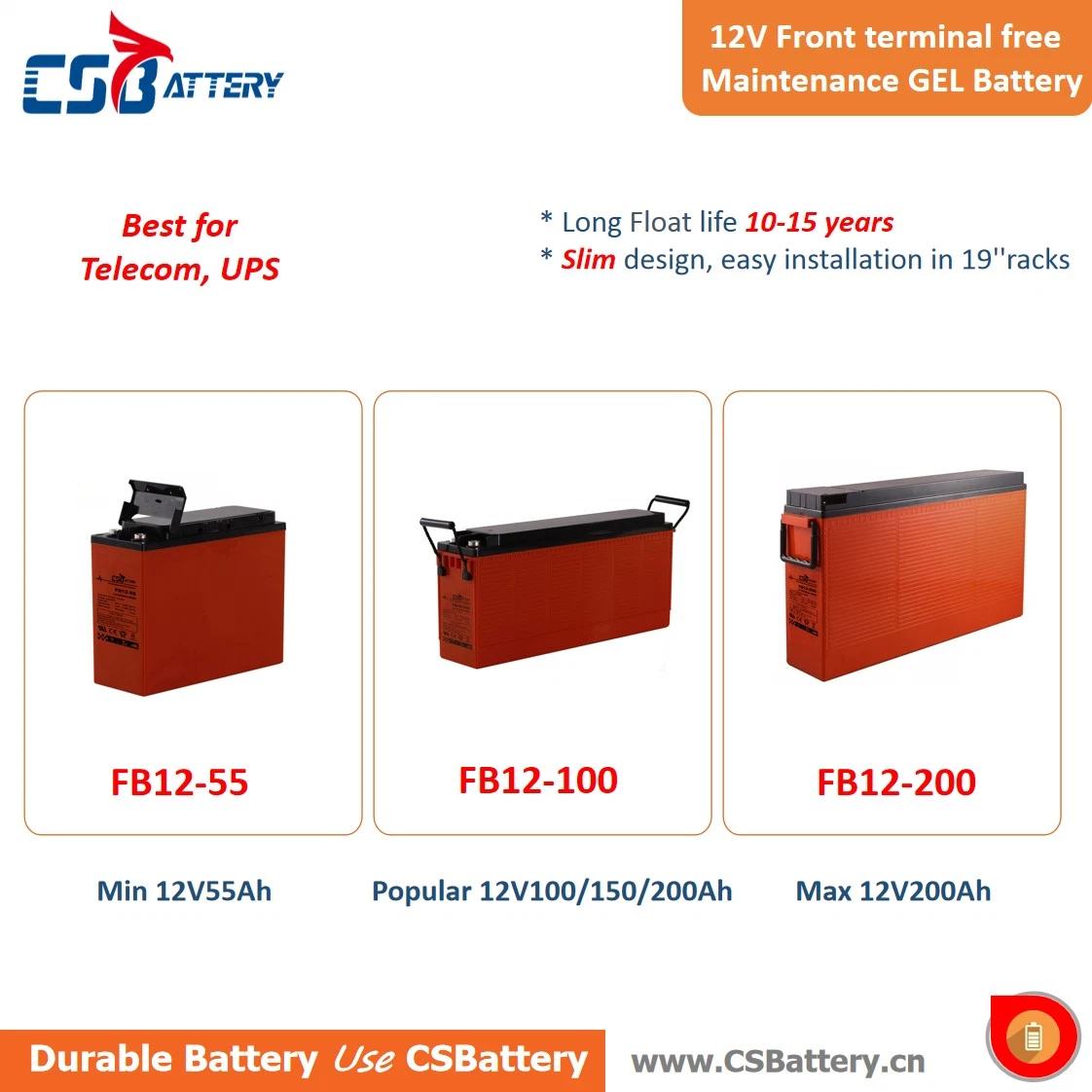 Csbattery 12V 55ah/80ah/100ah/150ah/180ah/200ah Bateria AGM/Gel de Terminal de Acesso Frontal Fina para Painel Solar/Bomba/Carrinho de Golfe/Ferramenta Elétrica/Motores/Csp.