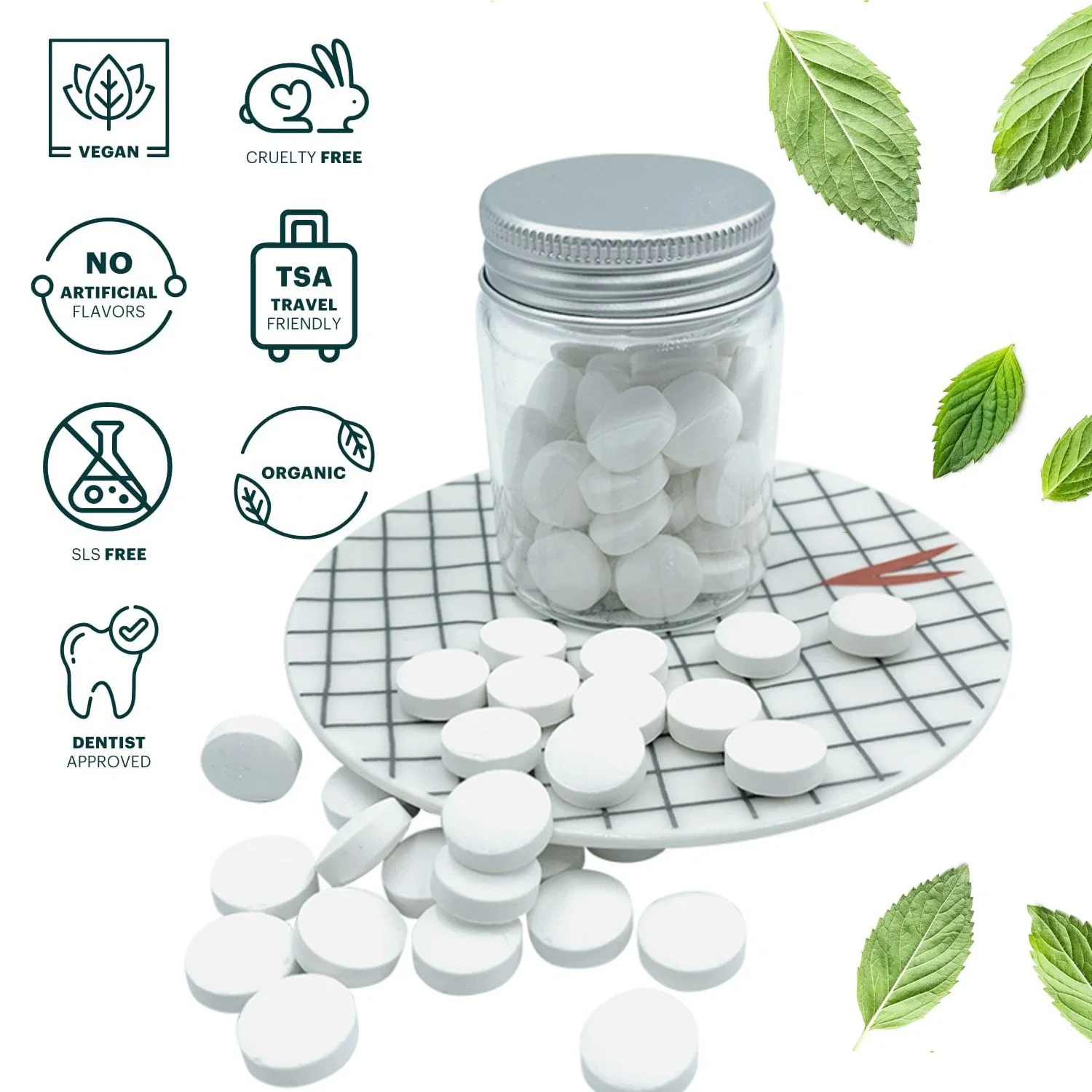 Etiqueta privada Mint Flavored Zero Waste dientes sólidos Whitening Toothpaste Tableta