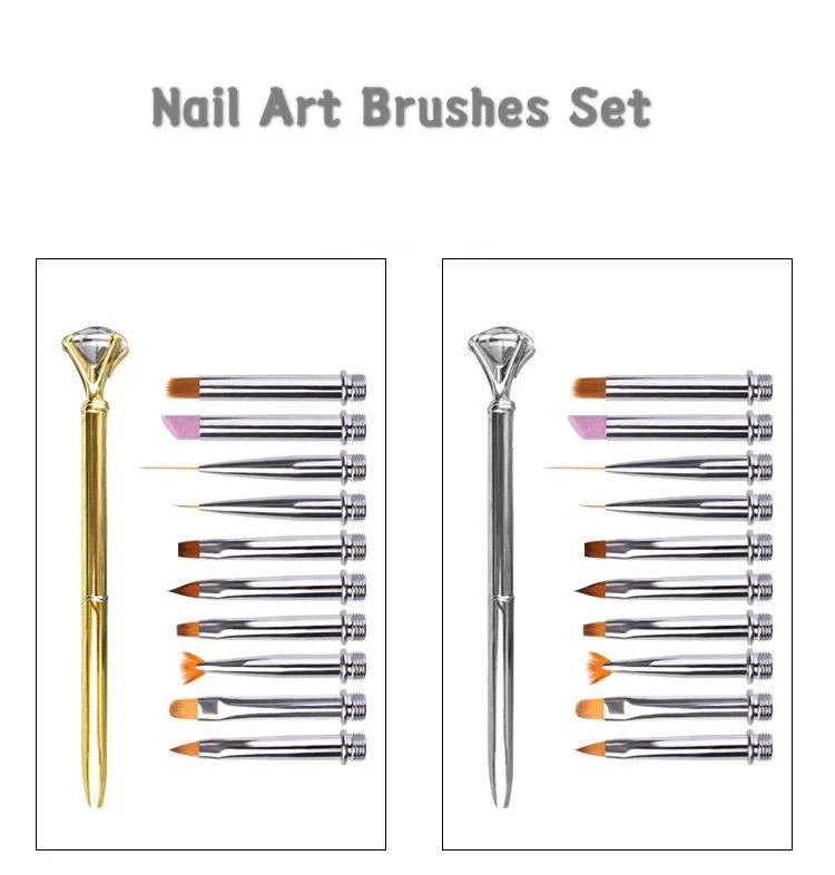 Gold and Silver Rose Crystal Nail Brush Set Replacement Head 1 Handle + 10 Nail Brush Head Painting Nail Brush Set