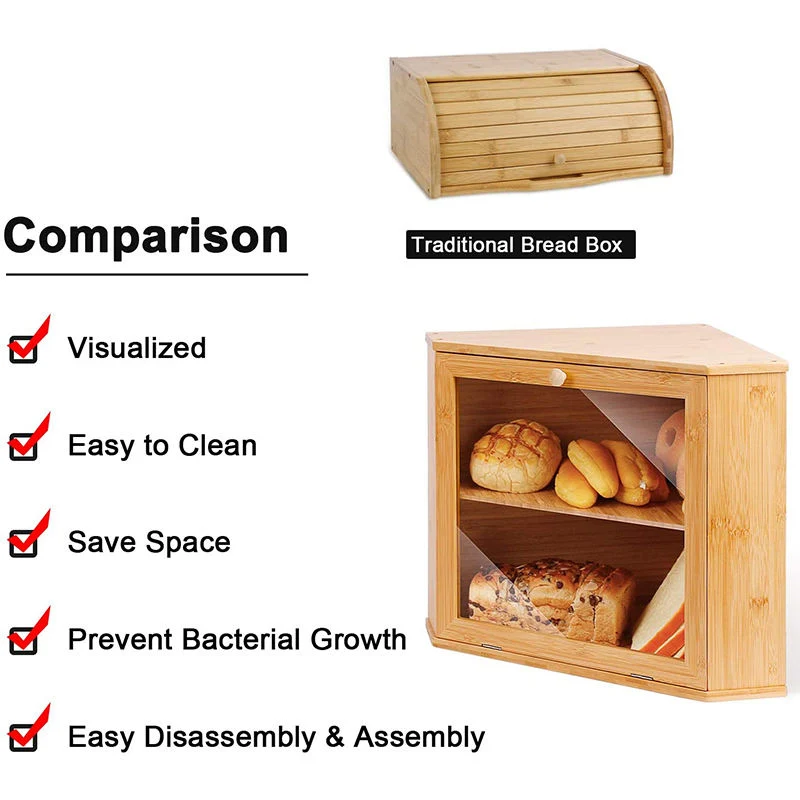 Boîte de cuisine en bois/bambou respectueuse de l'environnement avec fenêtre transparente pour le rangement des aliments, du pain, de la vaisselle et des outils.