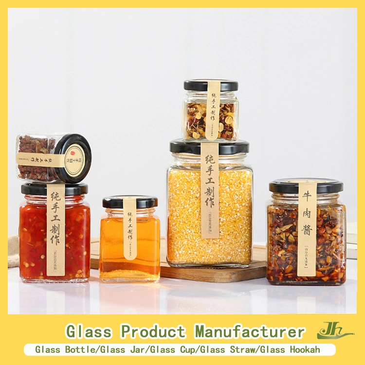 Customized Hexagon, Square, Round Honey/Jam/Pickle/Coffee/Candle/Mason/Pudding/Yogurt/Tea/Kitchen Food Storage Clip-on Glass Container Manufacturer