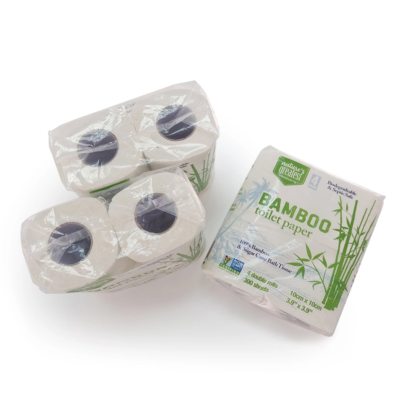 2ply 15GSM 300 feuilles 4 Rouleaux Pack White blanchis Environmental Friendly libre de l'arbre de bambou Papier hygiénique de pâte de papier toilette